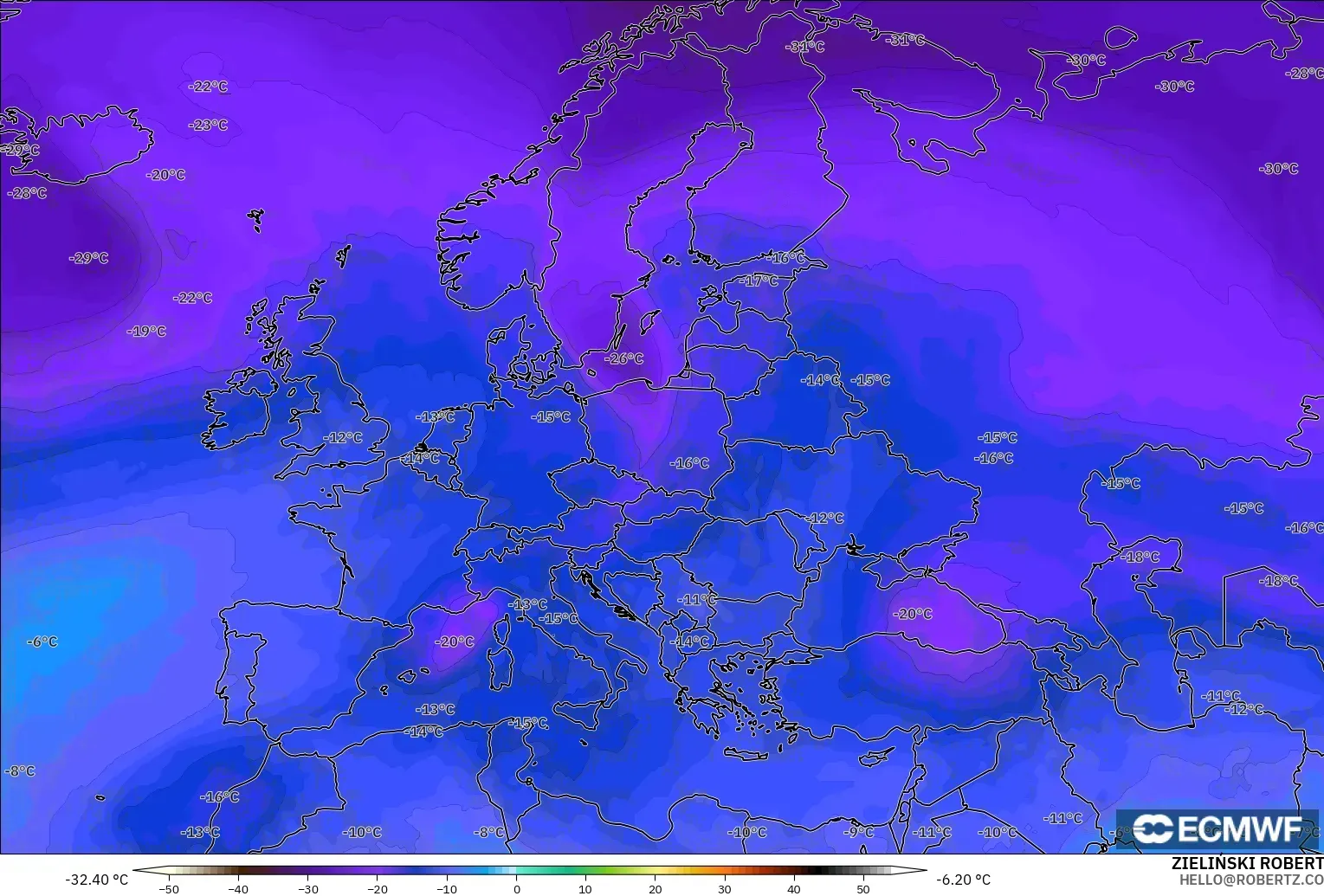 ECMWF IFS 0.25° モデル - ヨーロッパ, 気温（500hPa）