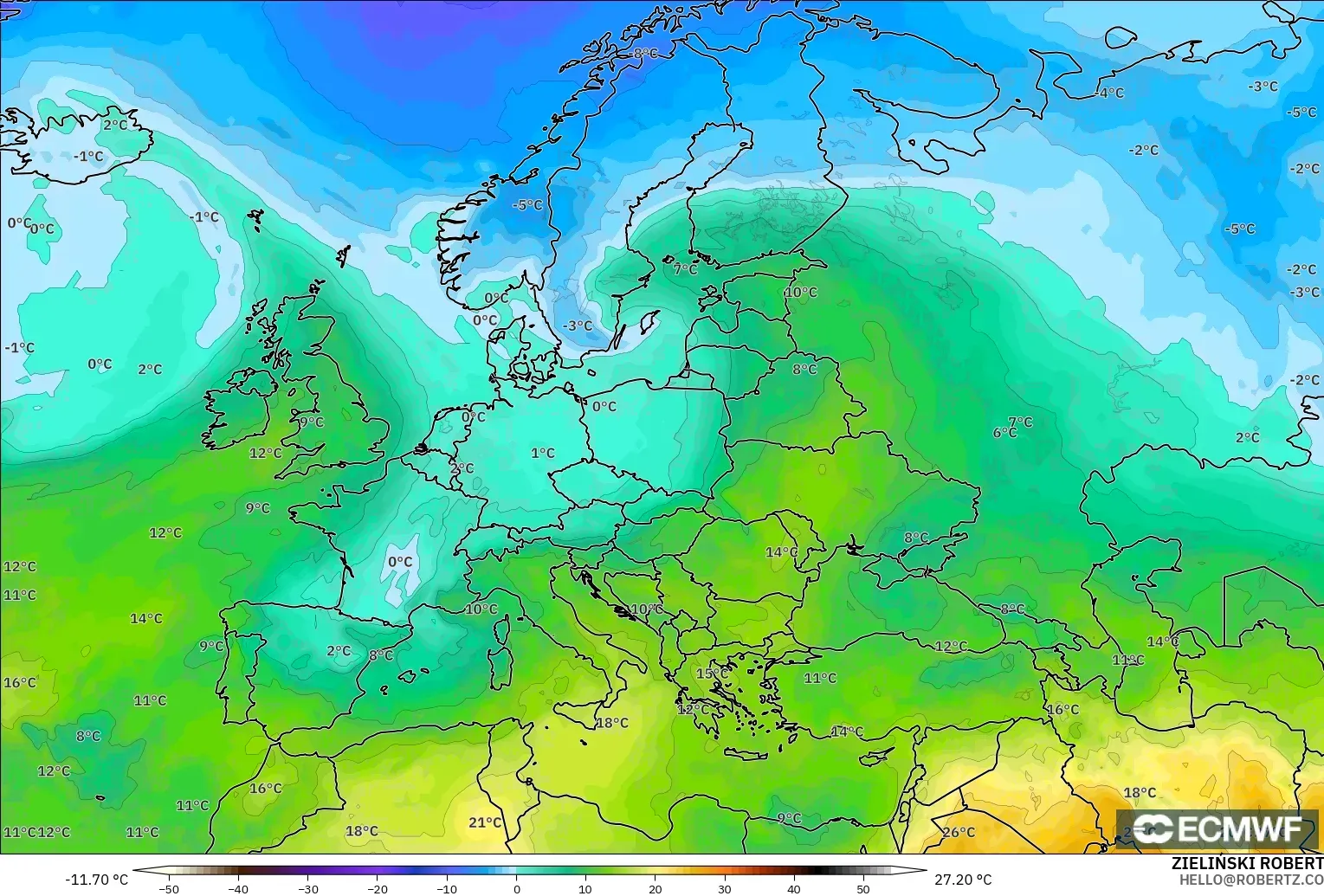 ECMWF IFS 0.25° モデル - ヨーロッパ, 気温（850hPa）