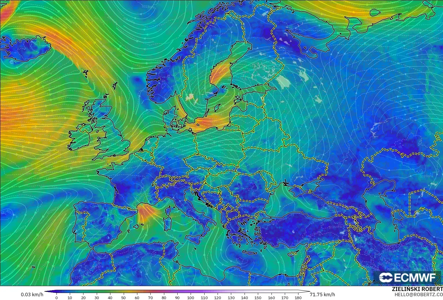 ECMWF IFS 0.25° モデル - ヨーロッパ, 風速（10m）