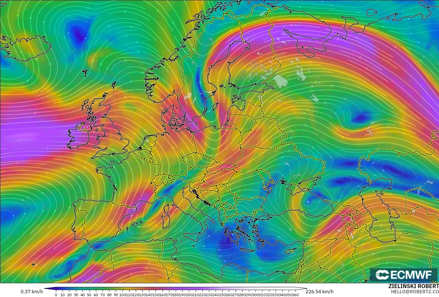 ECMWF IFS 0.25° モデル - ヨーロッパ, 風速（300hPa）