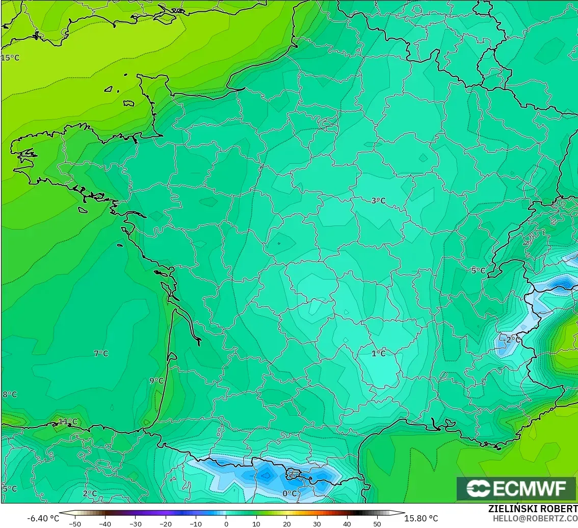 ECMWF IFS 0.25° モデル - フランス, 露点温度（2m）