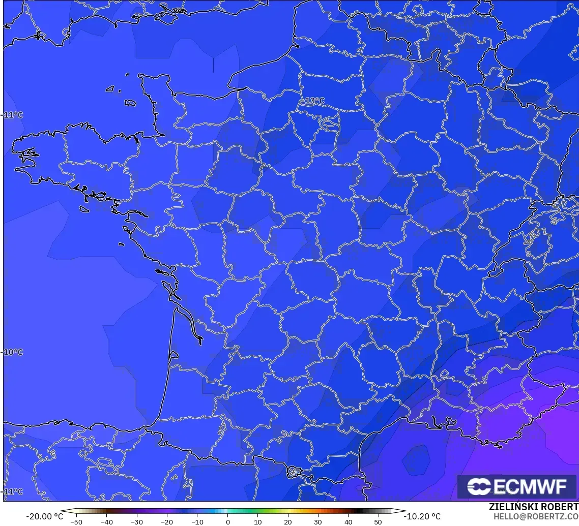 ECMWF IFS 0.25° モデル - フランス, 気温（500hPa）
