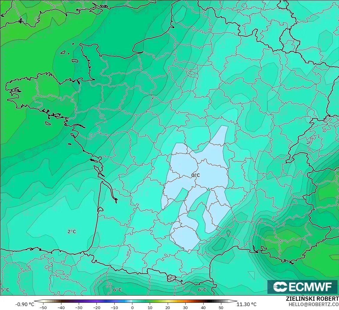ECMWF IFS 0.25° モデル - フランス, 気温（850hPa）