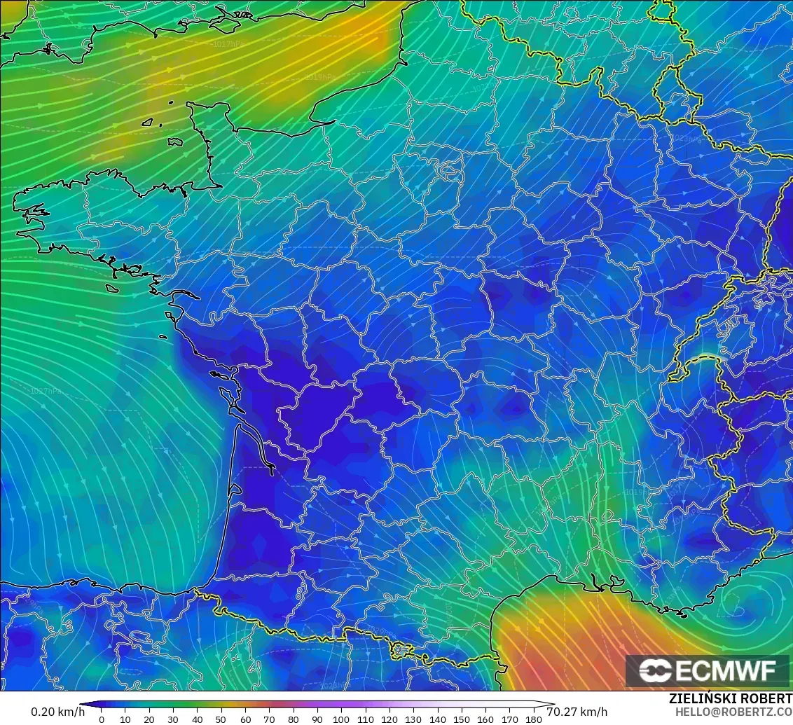 ECMWF IFS 0.25° モデル - フランス, 風速（10m）