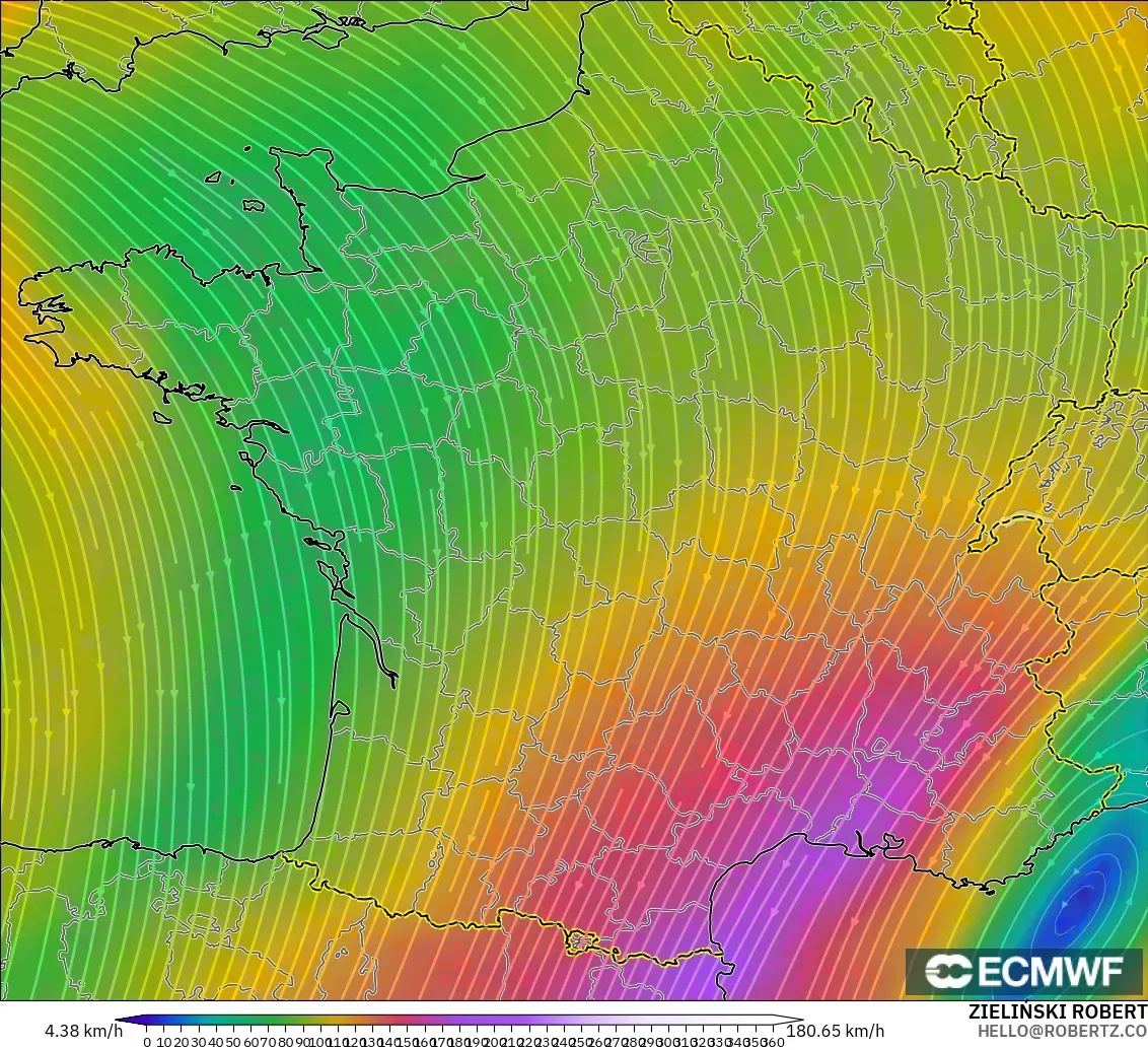 ECMWF IFS 0.25° モデル - フランス, 風速（300hPa）