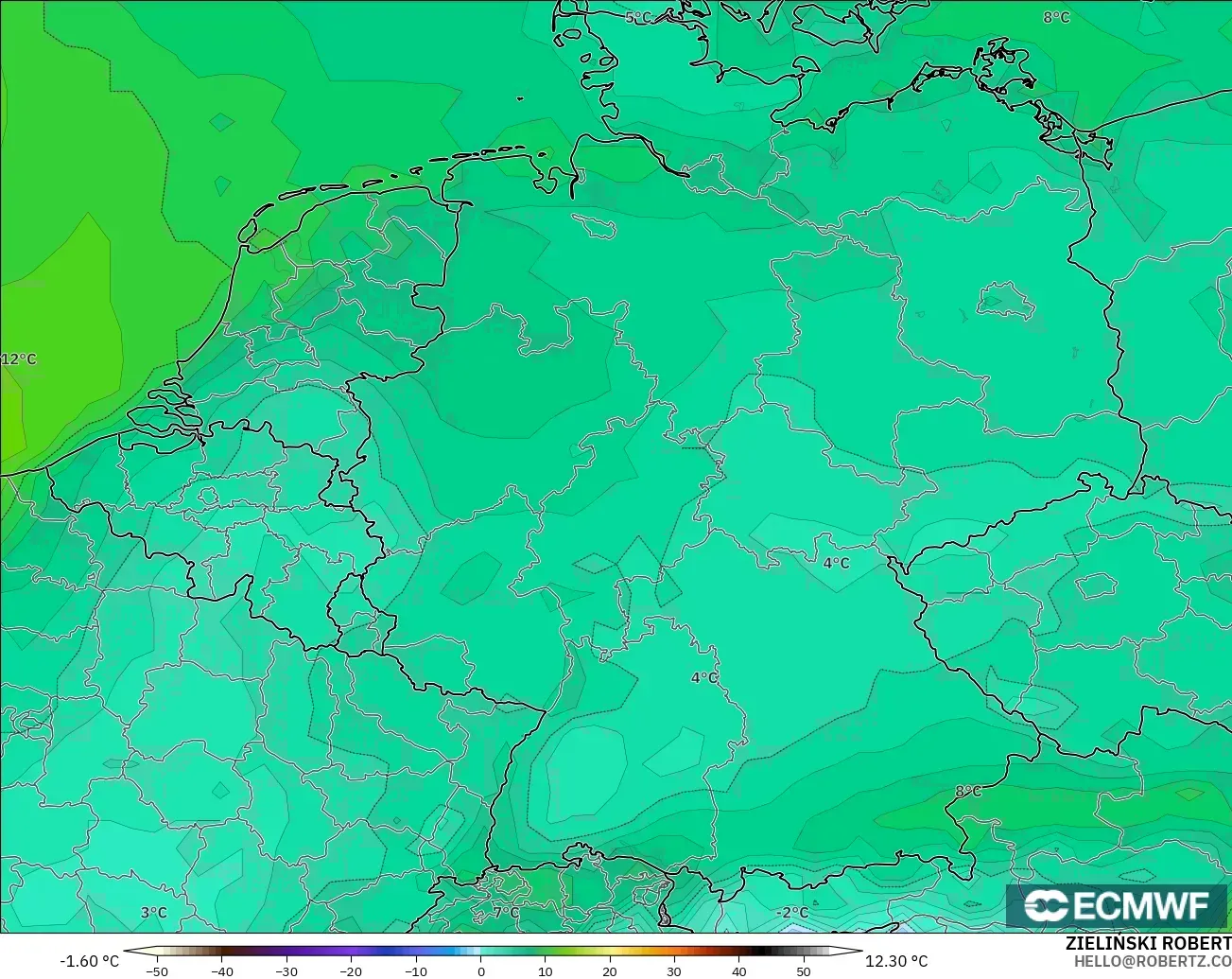 ECMWF IFS 0.25° モデル - ドイツ, 露点温度（2m）