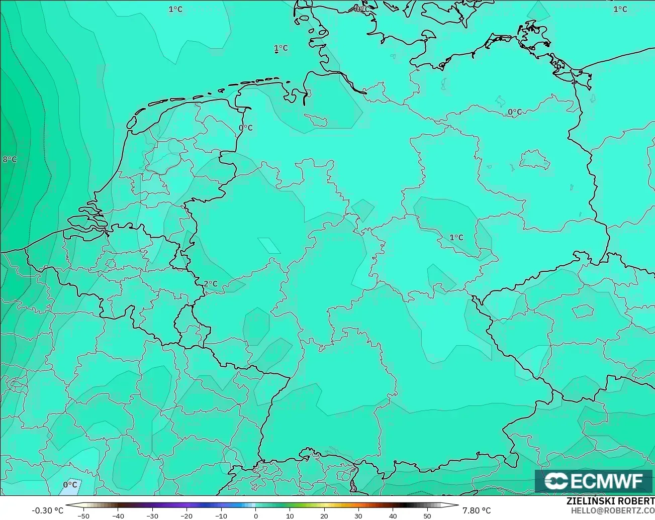 ECMWF IFS 0.25° モデル - ドイツ, 気温（850hPa）