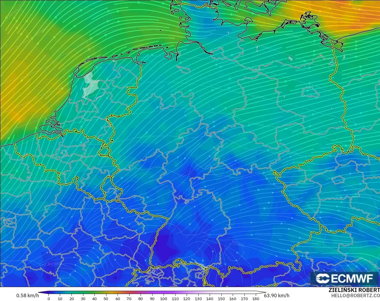 ECMWF IFS 0.25° モデル - ドイツ, 風速（10m）
