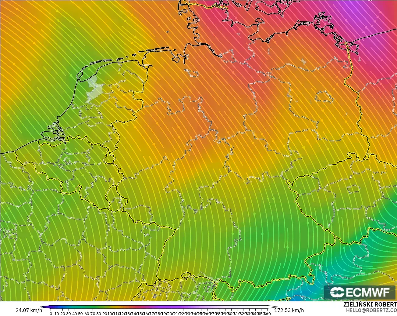 ECMWF IFS 0.25° モデル - ドイツ, 風速（300hPa）