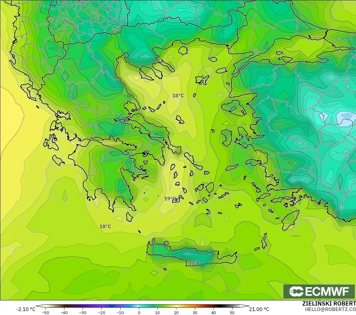 ECMWF IFS 0.25° モデル - ギリシャ, 露点温度（2m）