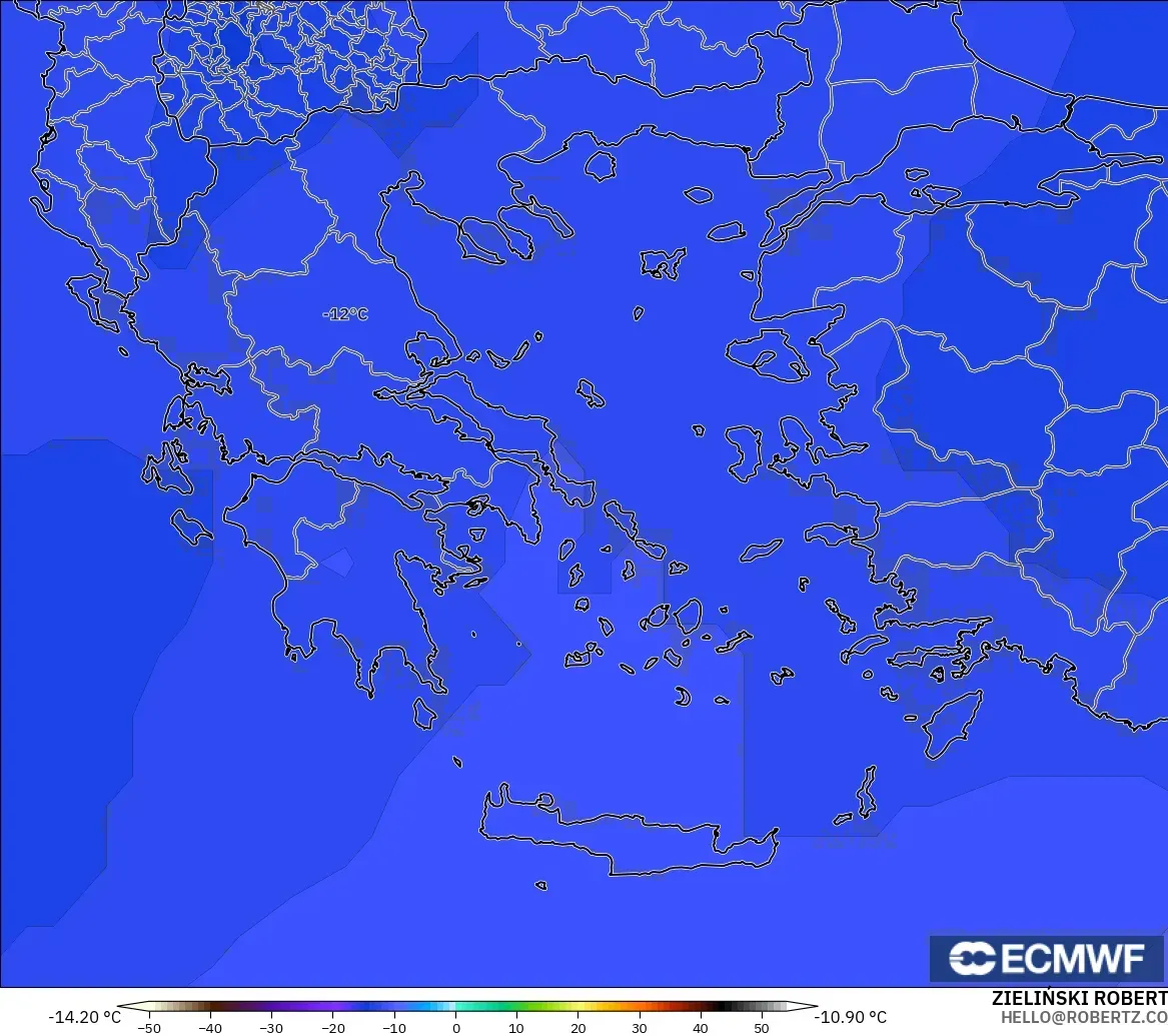 ECMWF IFS 0.25° モデル - ギリシャ, 気温（500hPa）