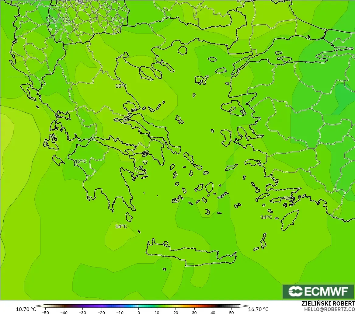 ECMWF IFS 0.25° モデル - ギリシャ, 気温（850hPa）