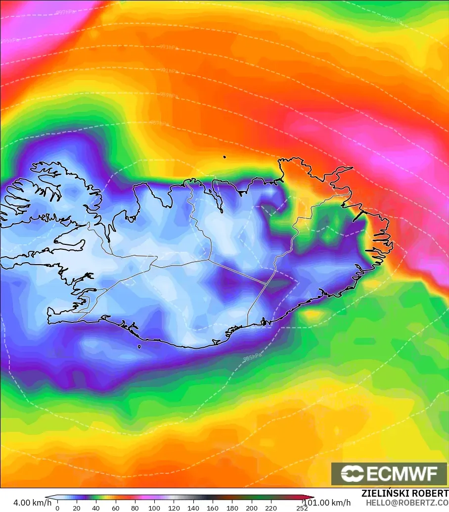 ECMWF IFS 0.25° モデル - アイスランド, 突風（最大）