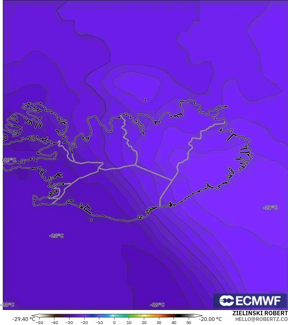 ECMWF IFS 0.25° モデル - アイスランド, 気温（500hPa）
