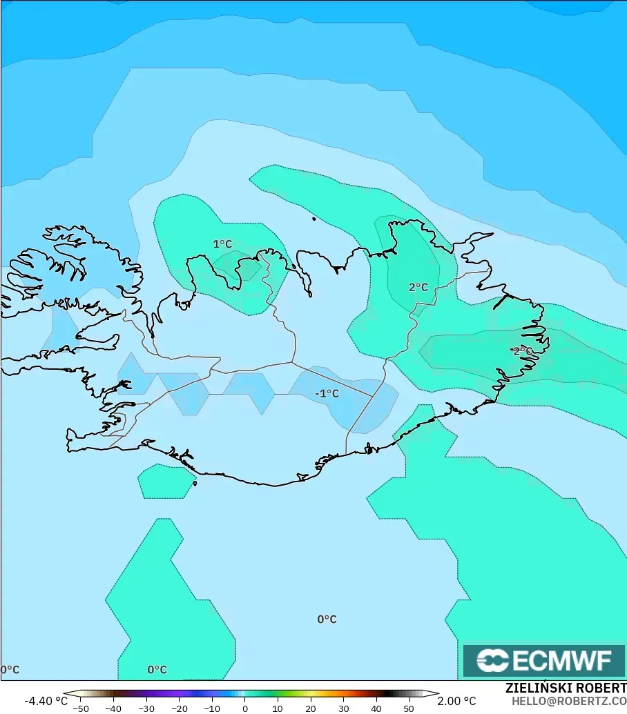 ECMWF IFS 0.25° モデル - アイスランド, 気温（850hPa）