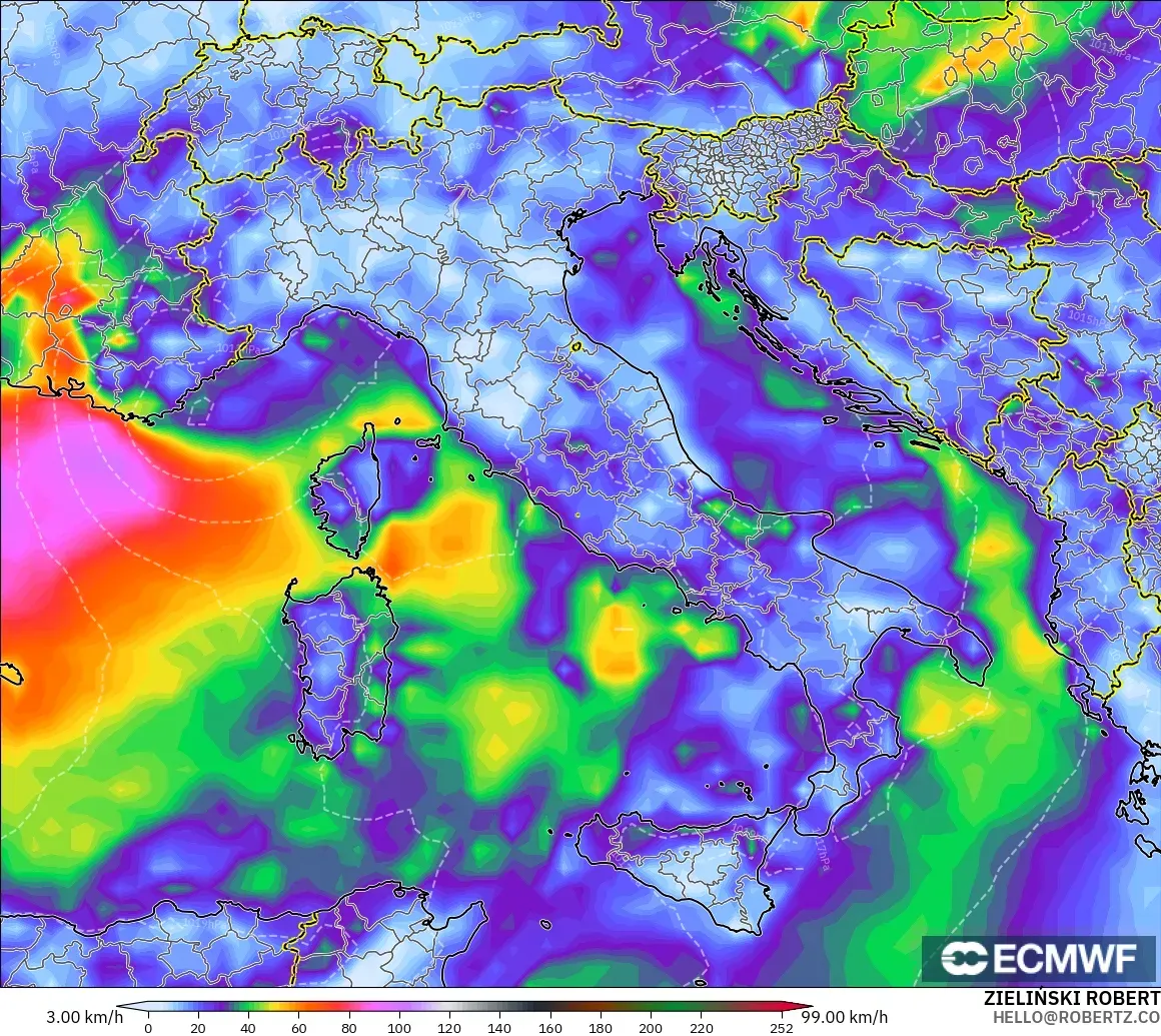 ECMWF IFS 0.25° モデル - イタリア, 突風