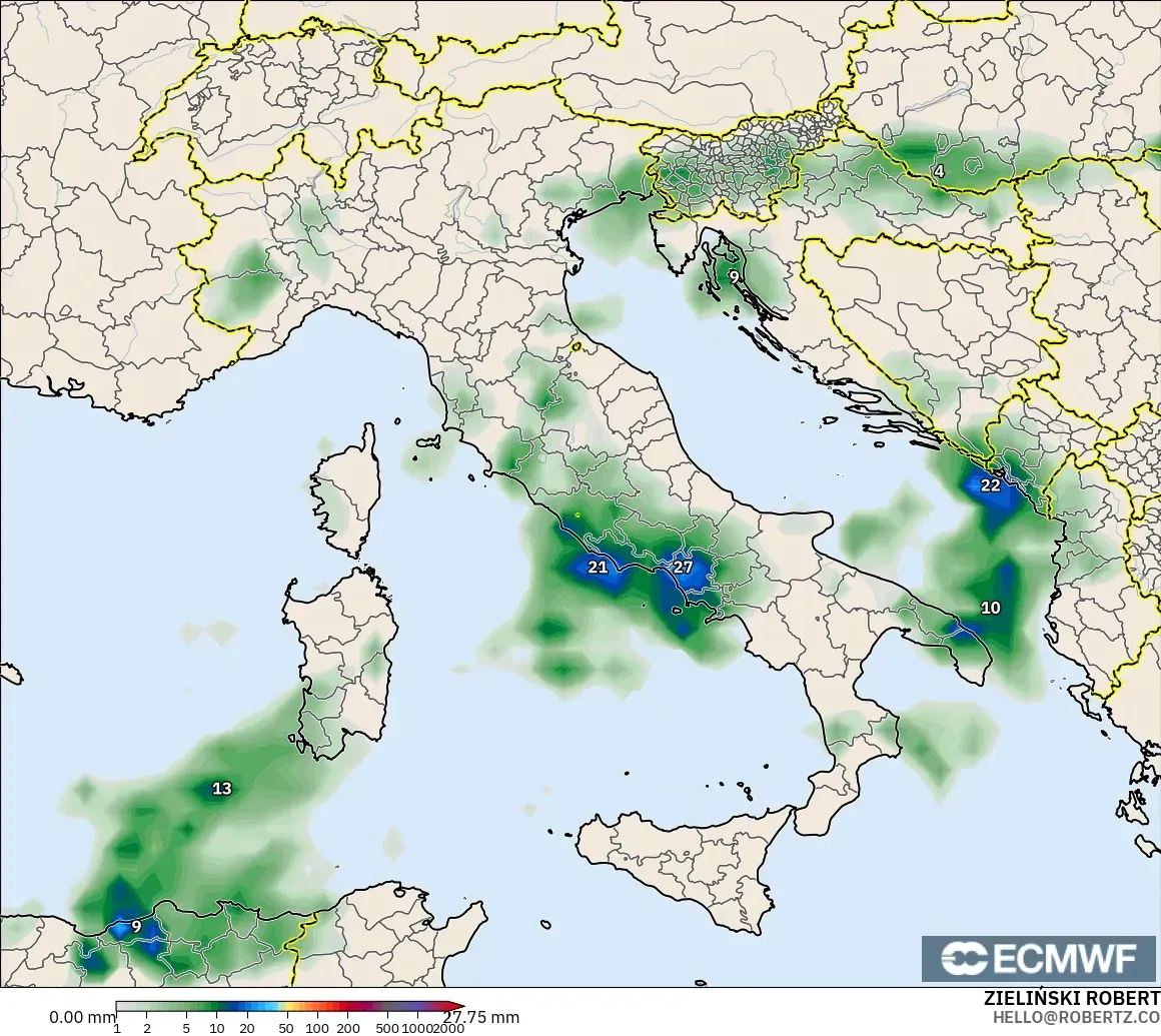 ECMWF IFS 0.25° モデル - イタリア, 降水量の合計