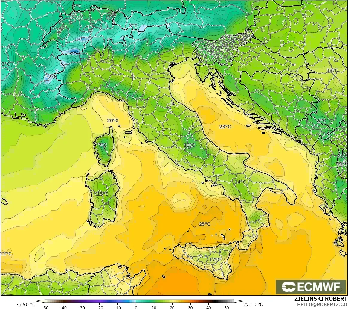 ECMWF IFS 0.25° モデル - イタリア, 気温（2m）