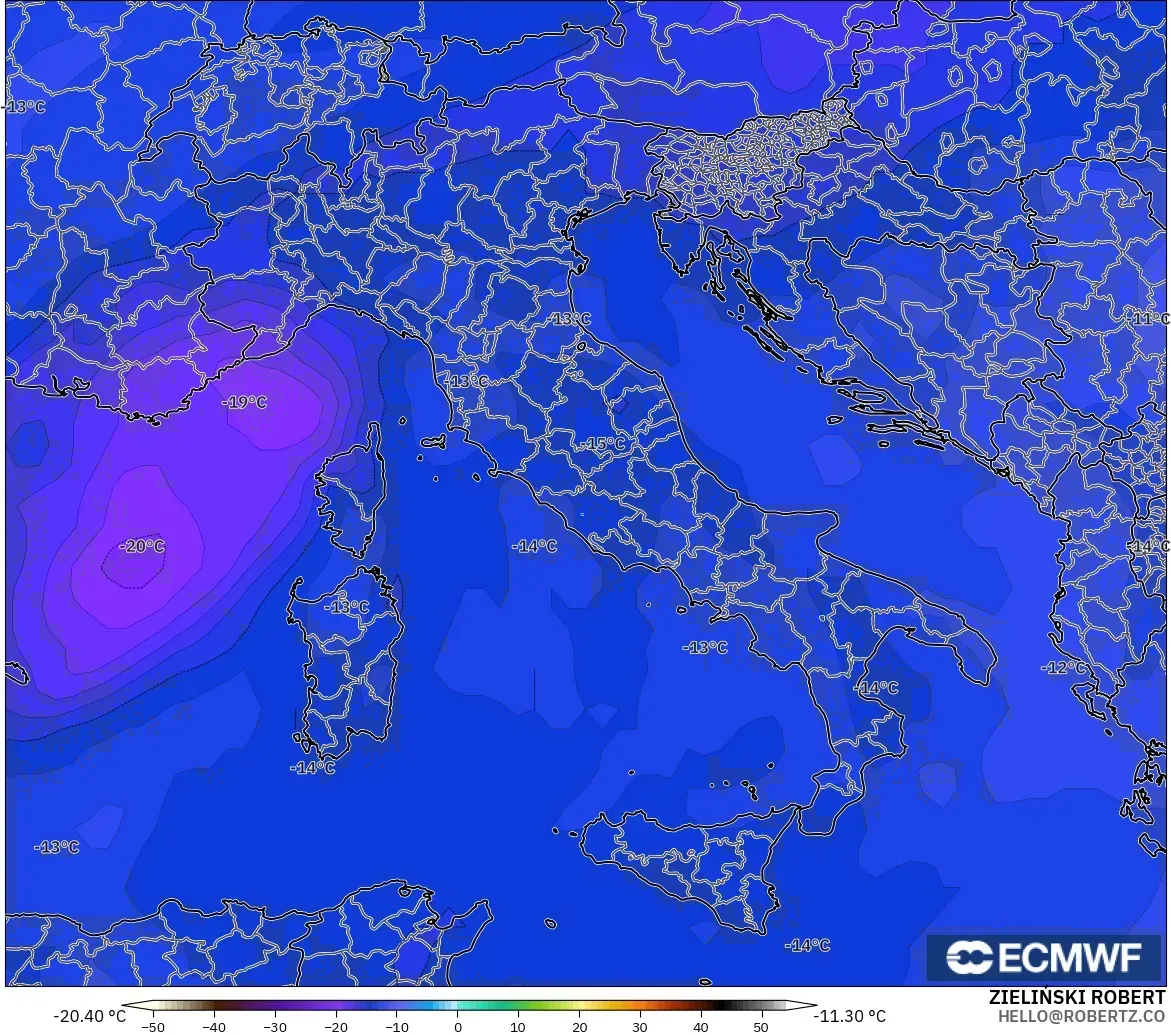 ECMWF IFS 0.25° モデル - イタリア, 気温（500hPa）