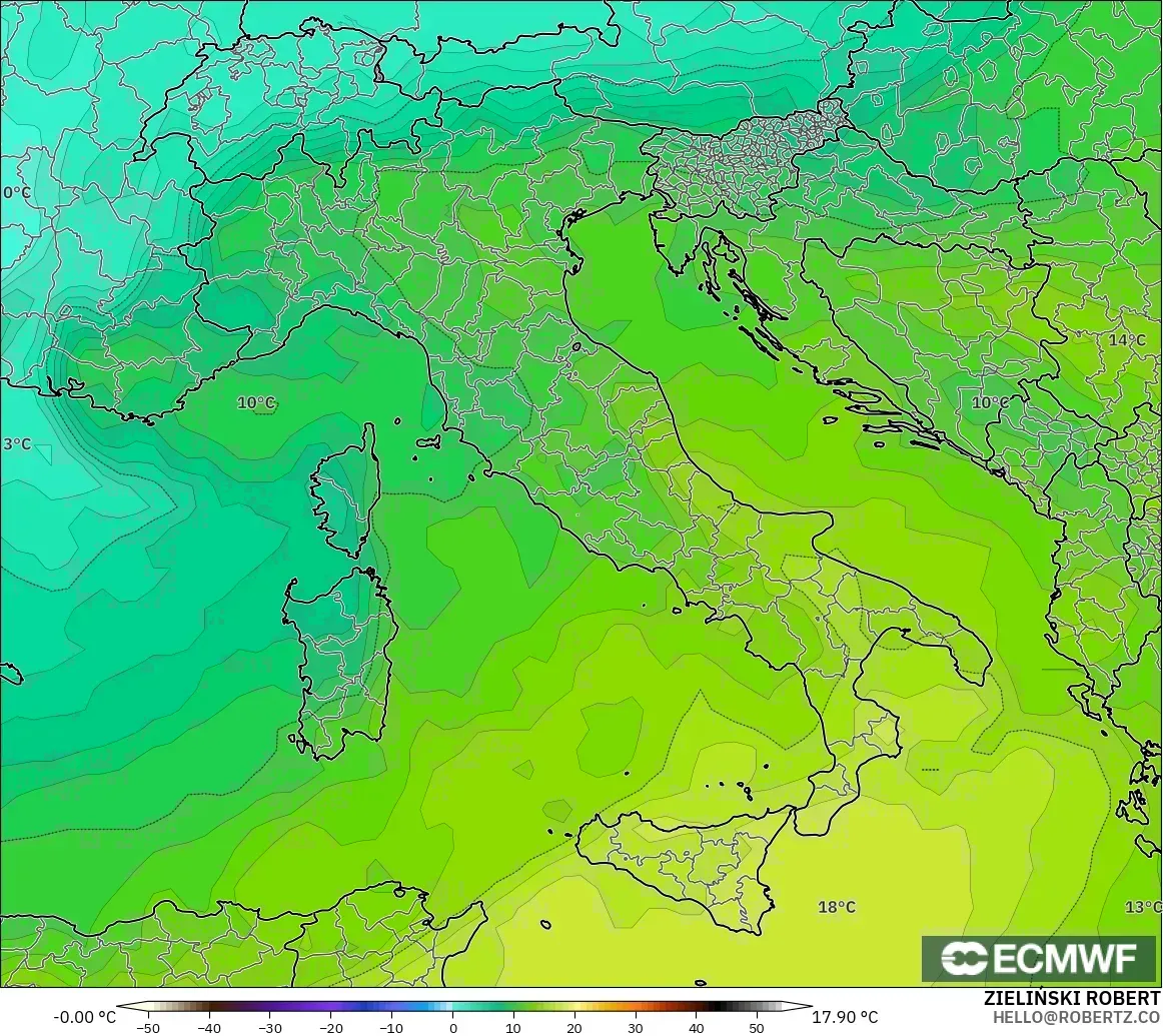 ECMWF IFS 0.25° モデル - イタリア, 気温（850hPa）