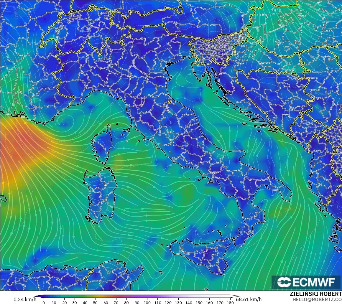 ECMWF IFS 0.25° モデル - イタリア, 風速（10m）