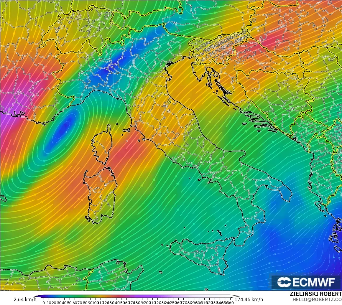 ECMWF IFS 0.25° モデル - イタリア, 風速（300hPa）