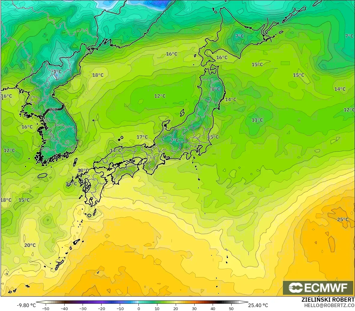 ECMWF IFS 0.25° モデル - 日本, 露点温度（2m）