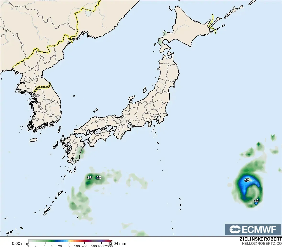 ECMWF IFS 0.25° モデル - 日本, 降水量の合計