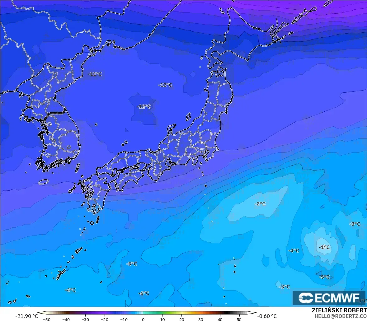ECMWF IFS 0.25° モデル - 日本, 気温（500hPa）