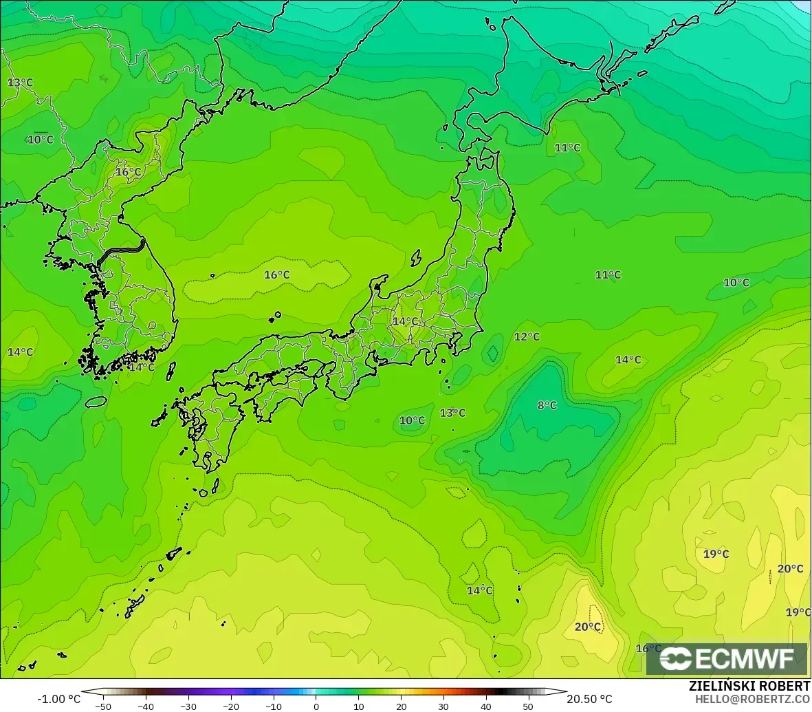 ECMWF IFS 0.25° モデル - 日本, 気温（850hPa）