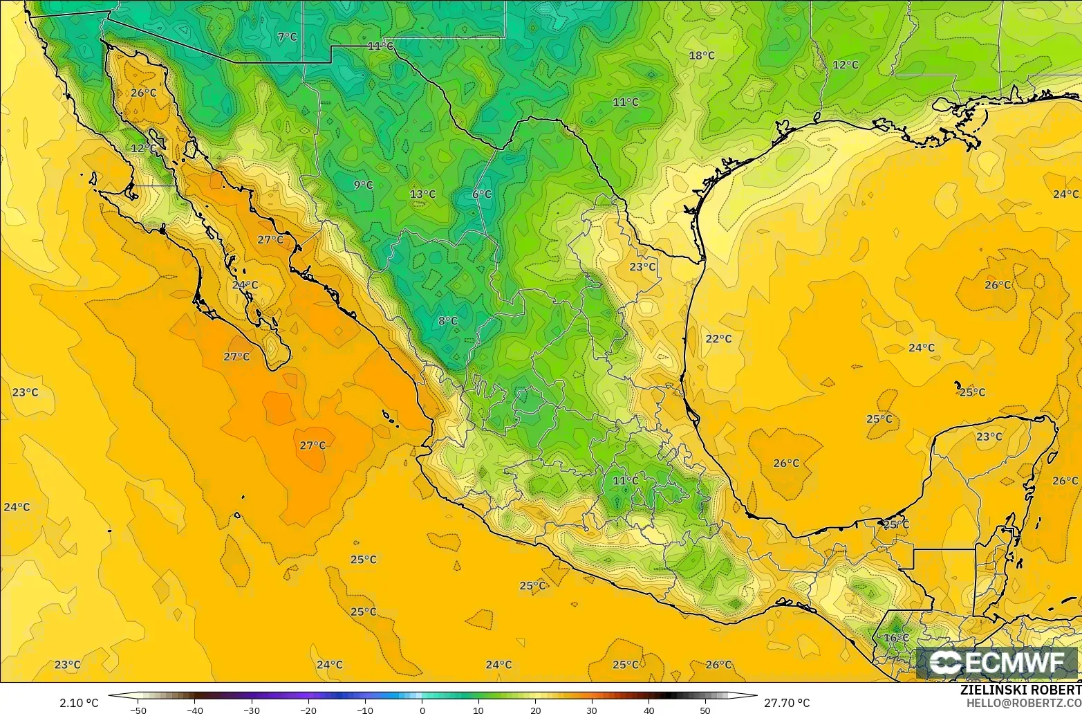 ECMWF IFS 0.25° モデル - メキシコ, 露点温度（2m）