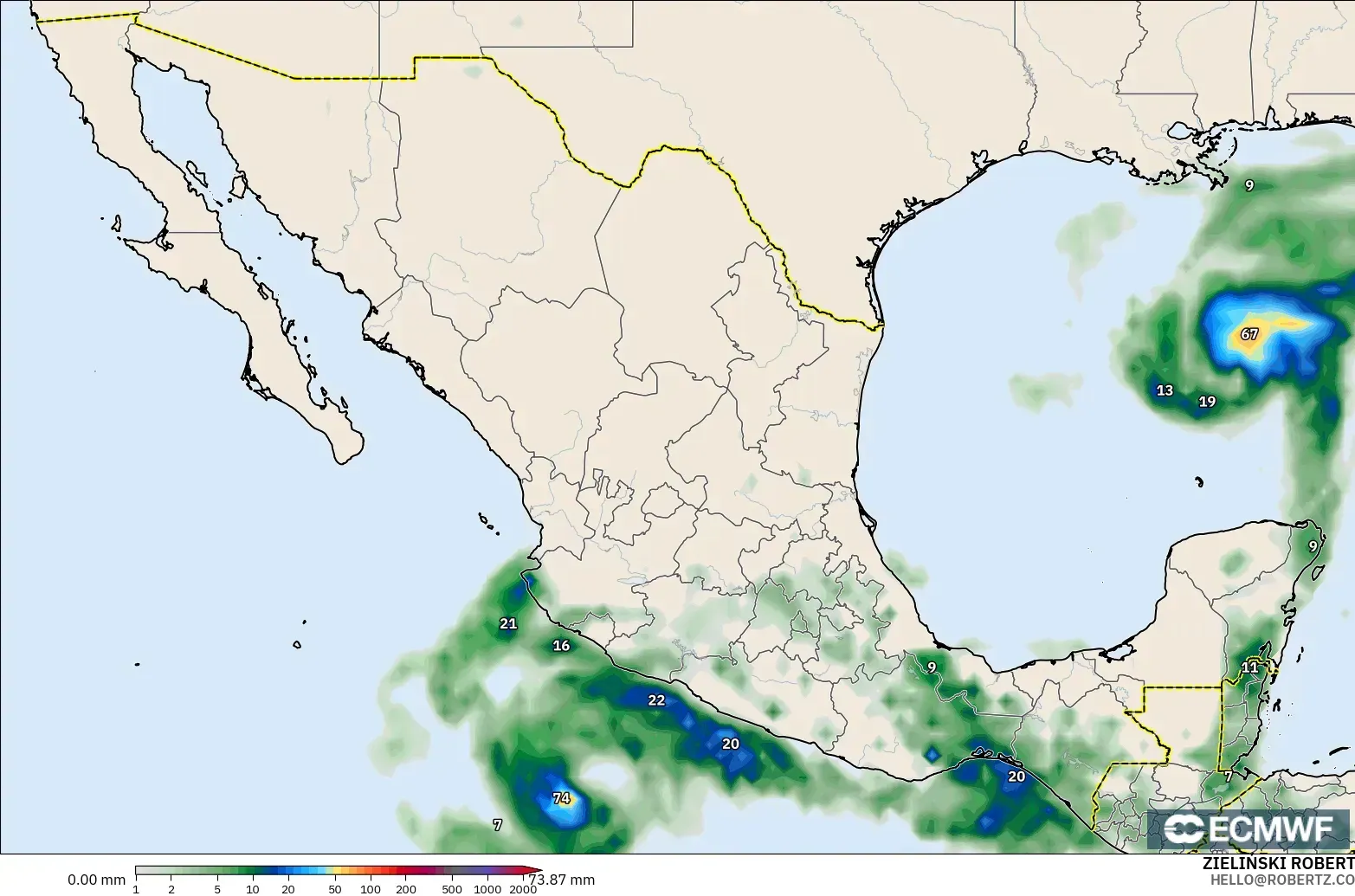 ECMWF IFS 0.25° モデル - メキシコ, 降水量の合計
