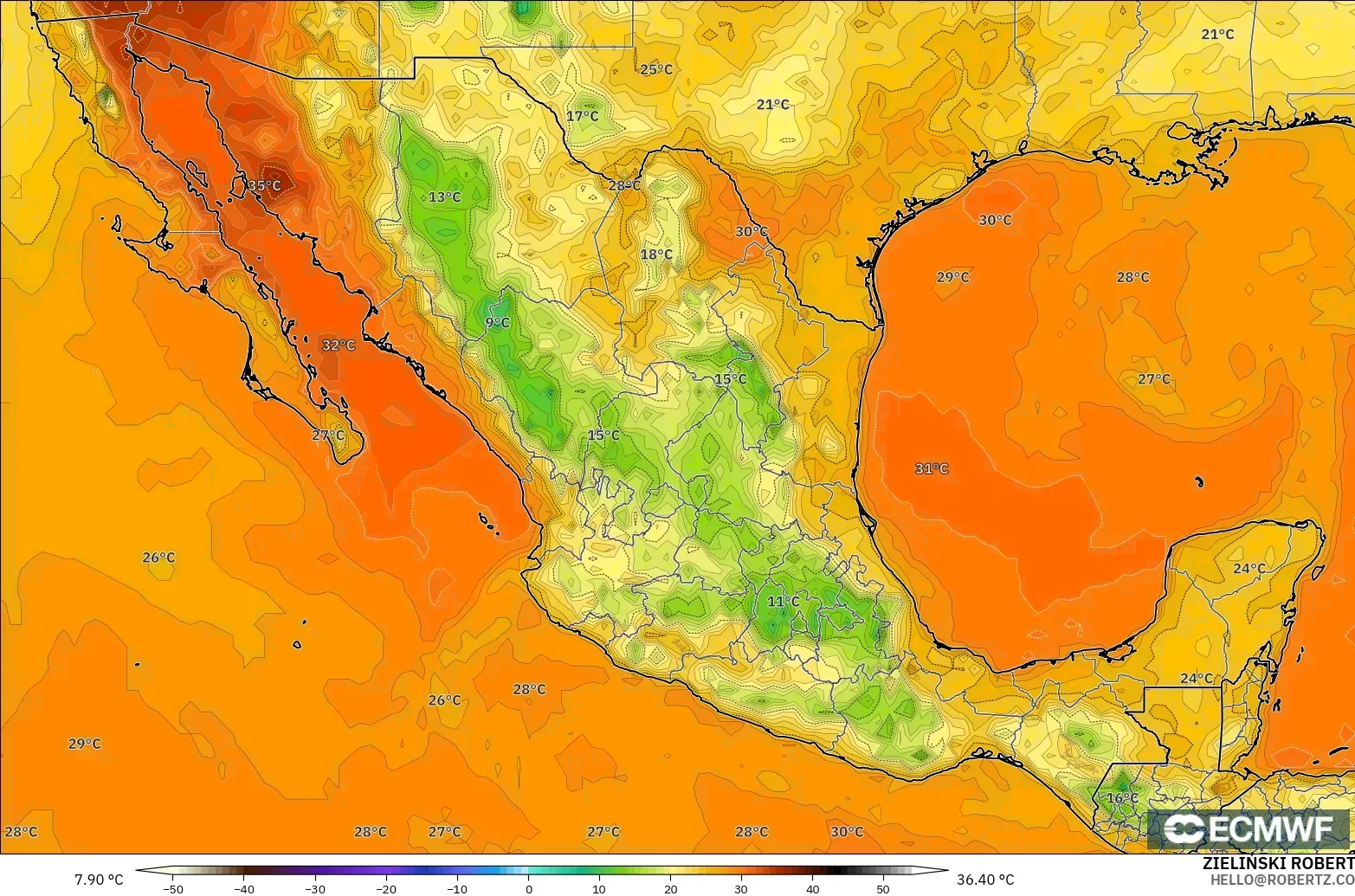 ECMWF IFS 0.25° モデル - メキシコ, 気温（2m）