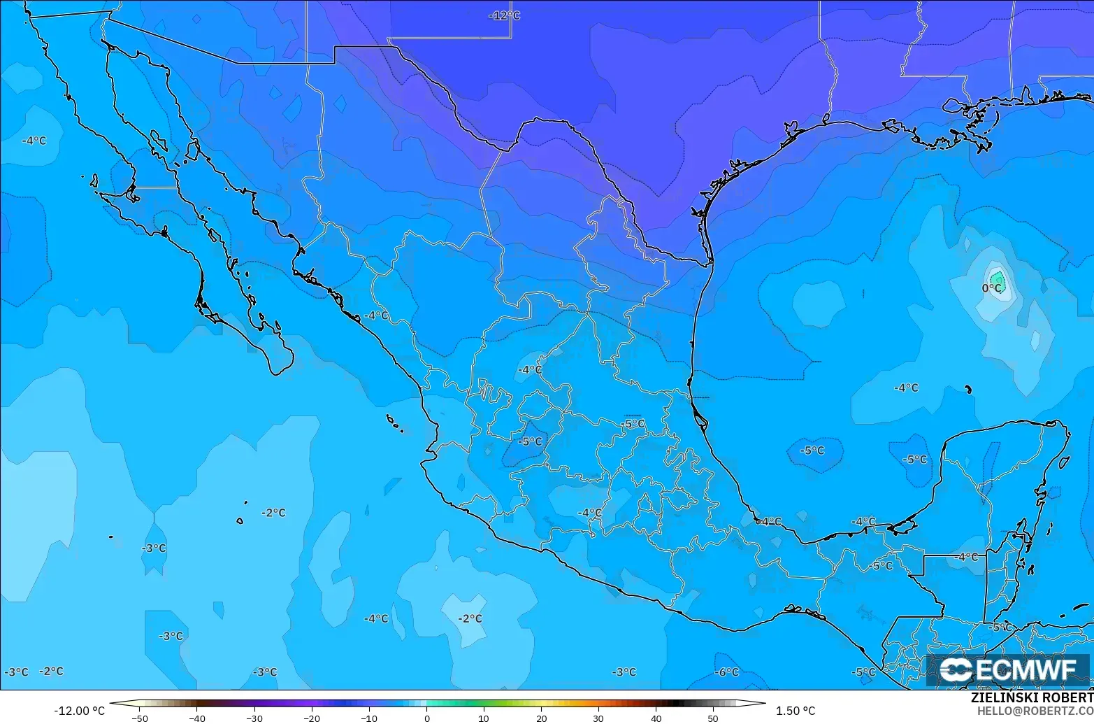 ECMWF IFS 0.25° モデル - メキシコ, 気温（500hPa）