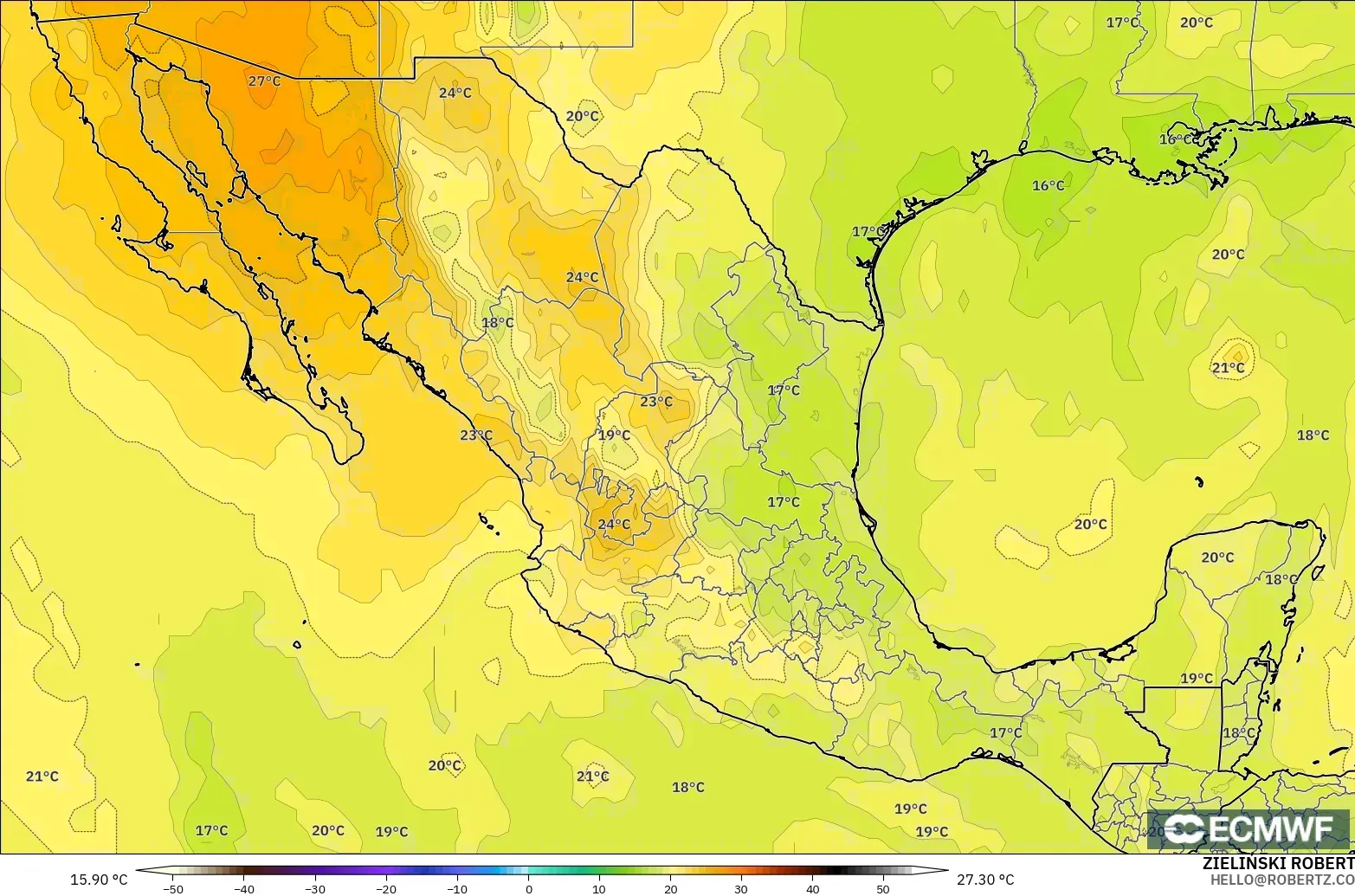 ECMWF IFS 0.25° モデル - メキシコ, 気温（850hPa）