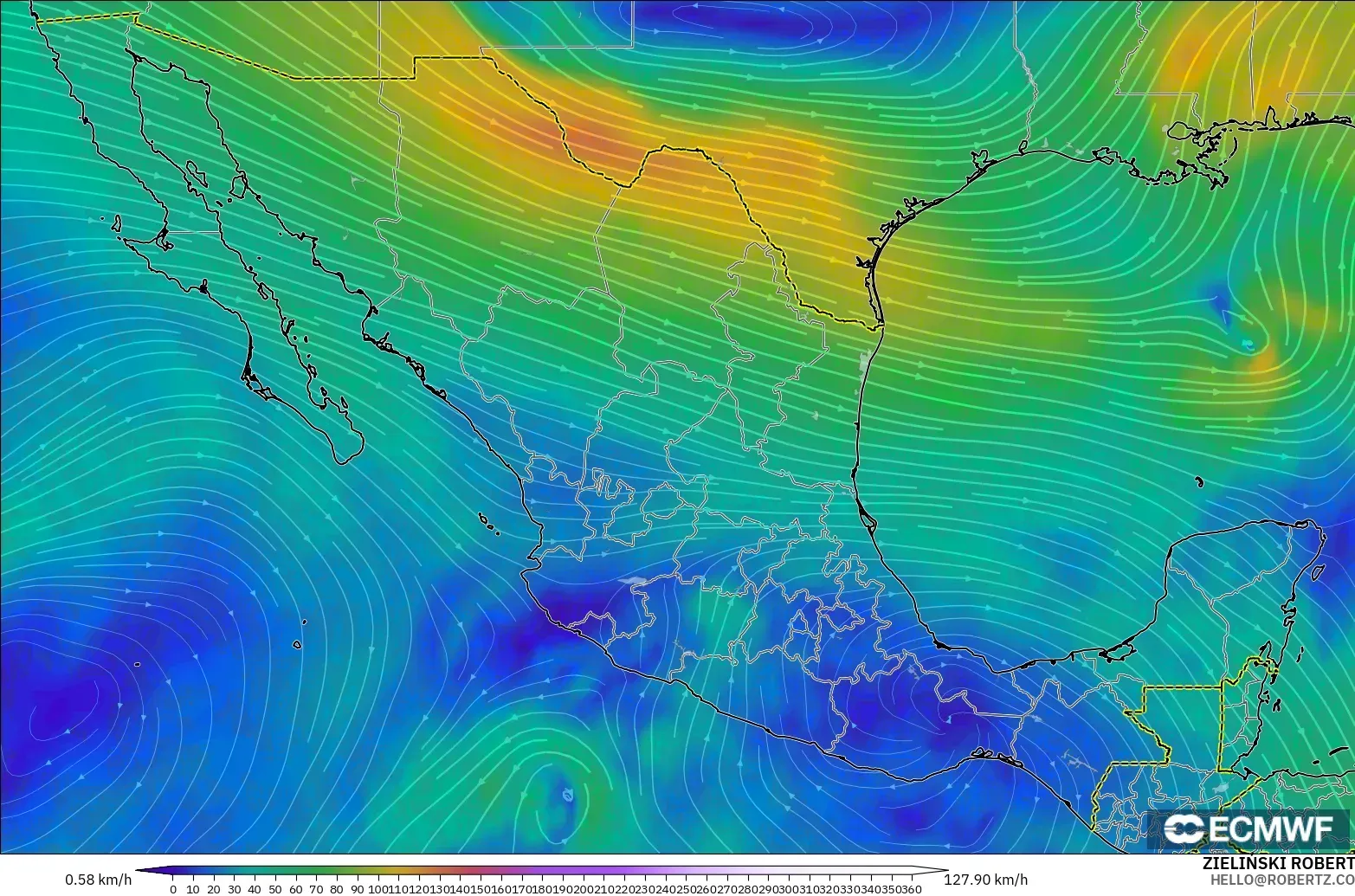 ECMWF IFS 0.25° モデル - メキシコ, 風速（300hPa）