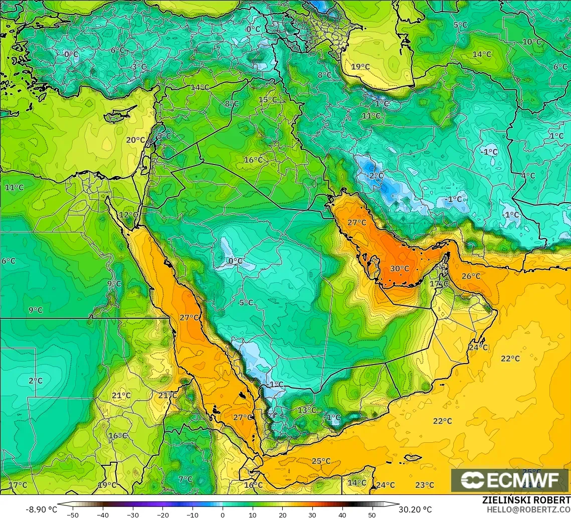 ECMWF IFS 0.25° モデル - 中東, 露点温度（2m）