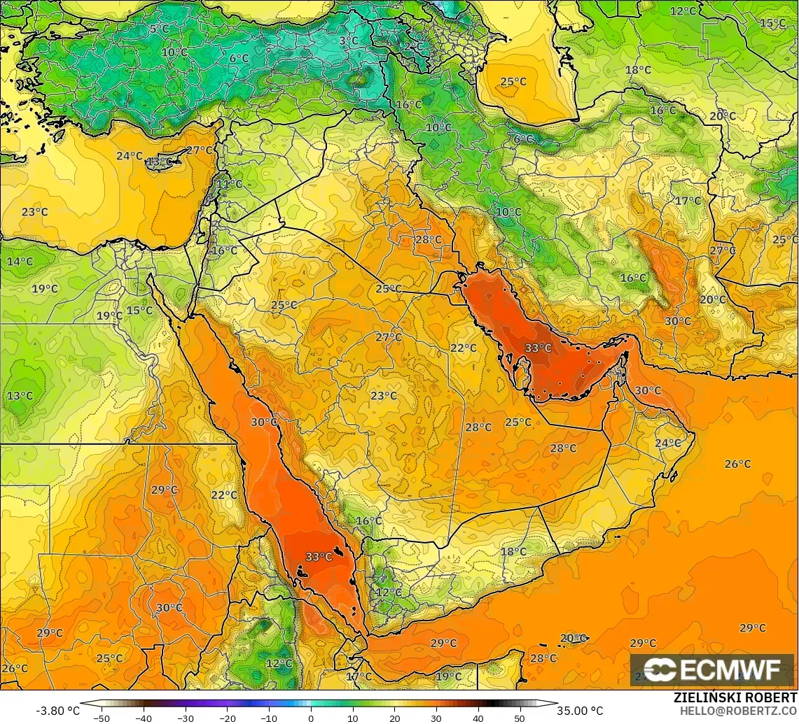 ECMWF IFS 0.25° モデル - 中東, 気温（2m）