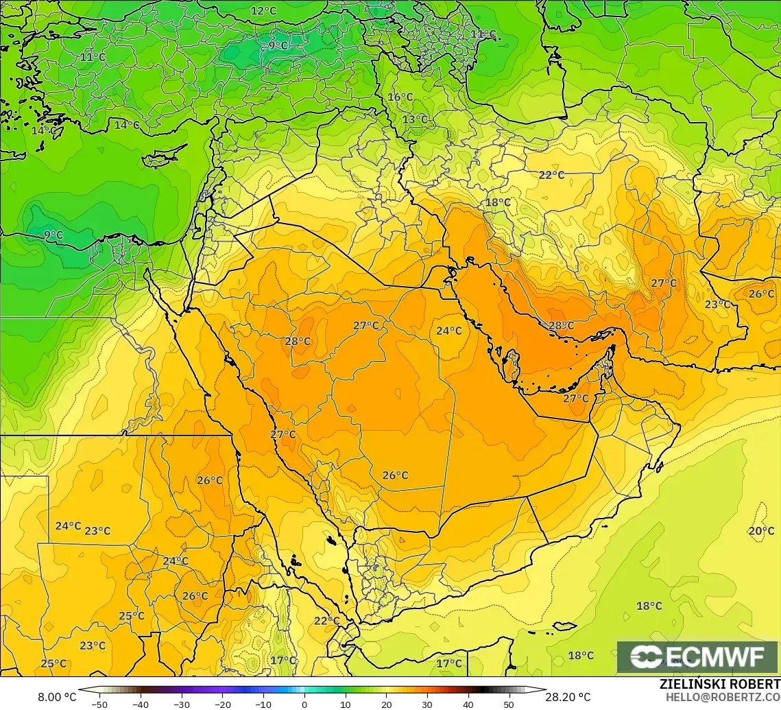 ECMWF IFS 0.25° モデル - 中東, 気温（850hPa）