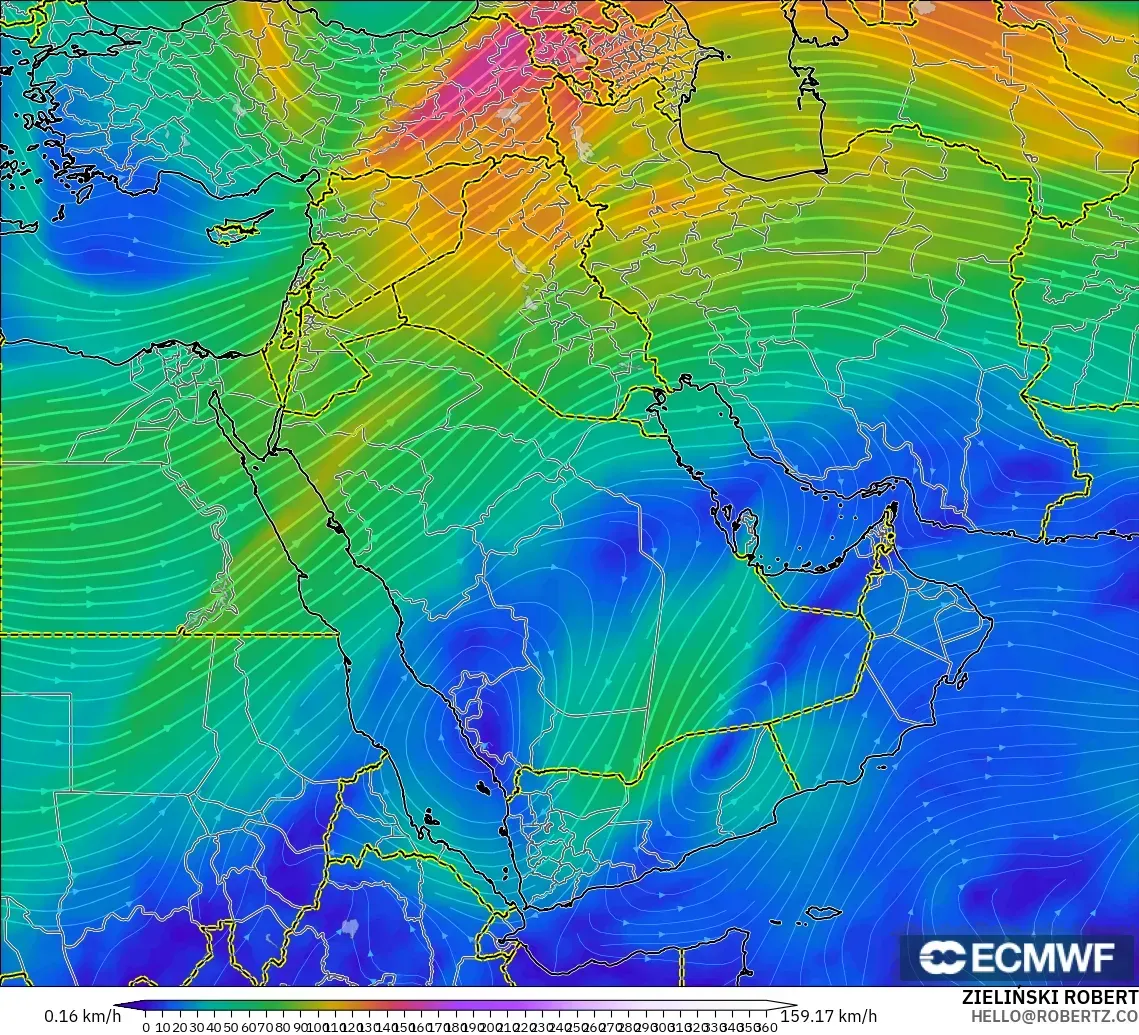 ECMWF IFS 0.25° モデル - 中東, 風速（300hPa）