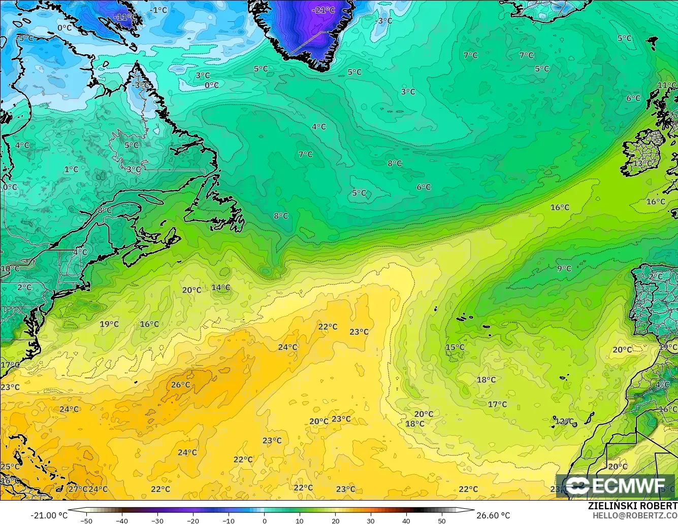 ECMWF IFS 0.25° モデル - 北大西洋, 露点温度（2m）