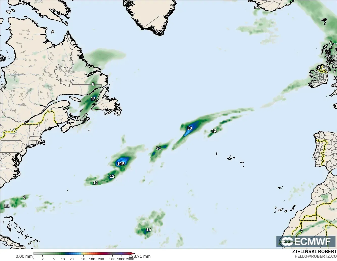 ECMWF IFS 0.25° モデル - 北大西洋, 降水量の合計