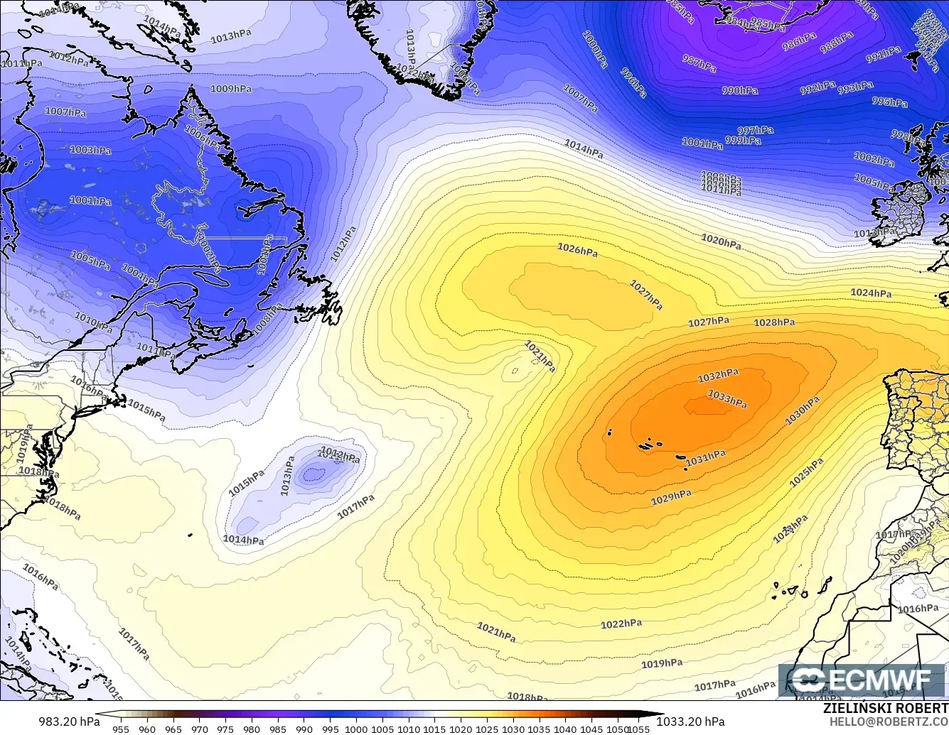 ECMWF IFS 0.25° モデル - 北大西洋, 気圧