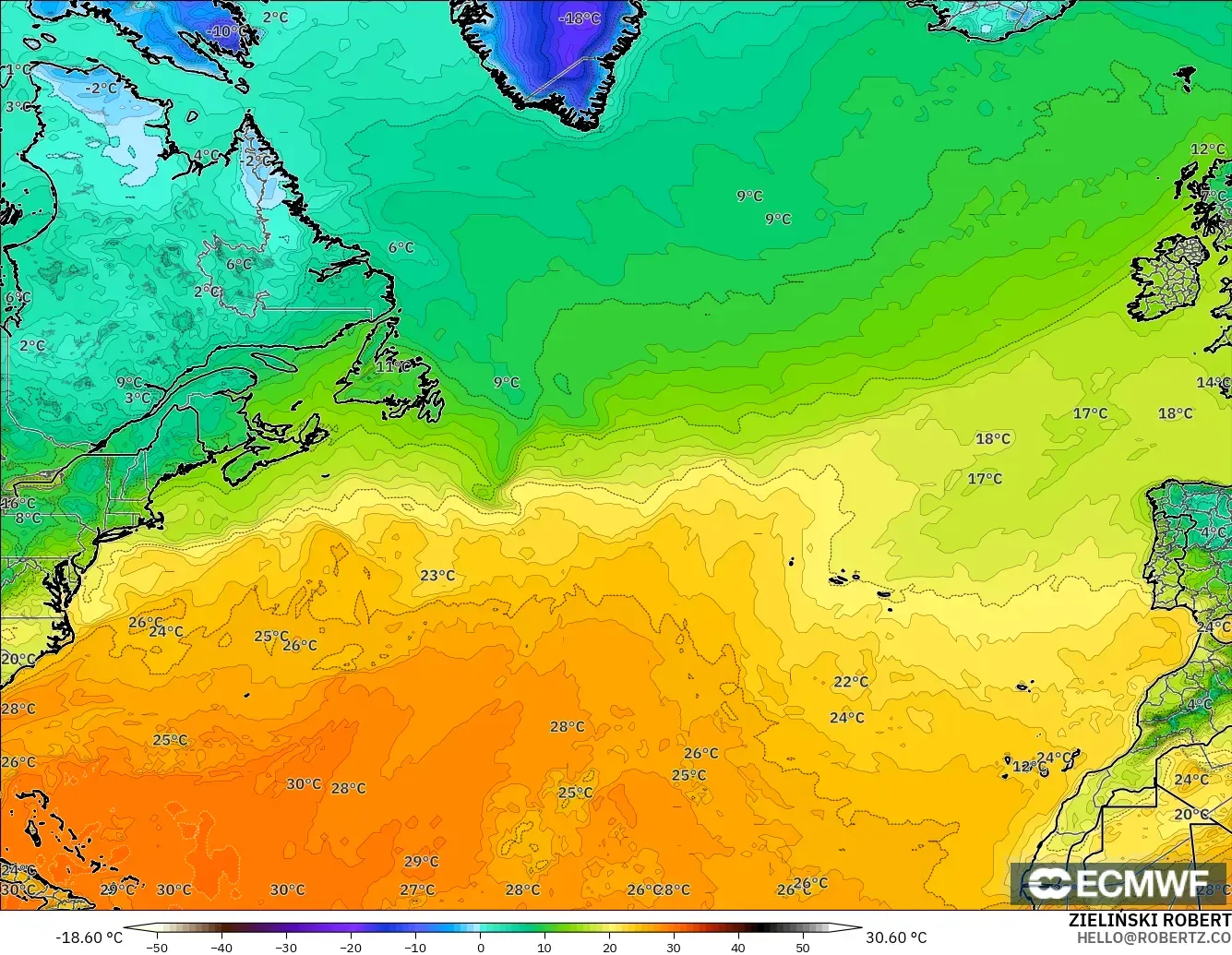 ECMWF IFS 0.25° モデル - 北大西洋, 気温（2m）