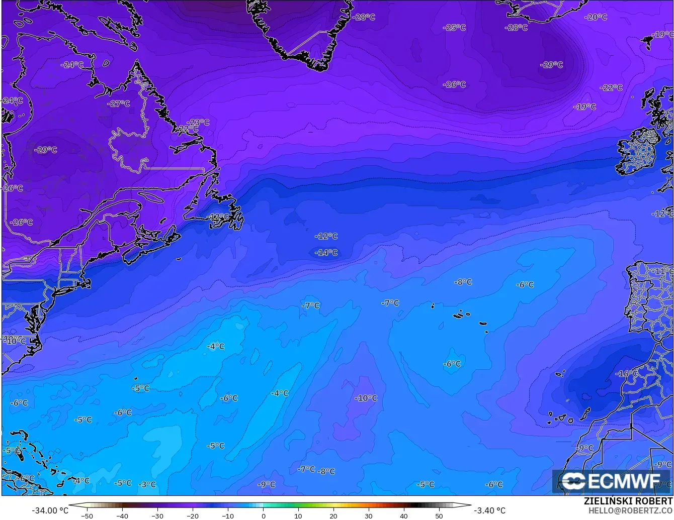 ECMWF IFS 0.25° モデル - 北大西洋, 気温（500hPa）