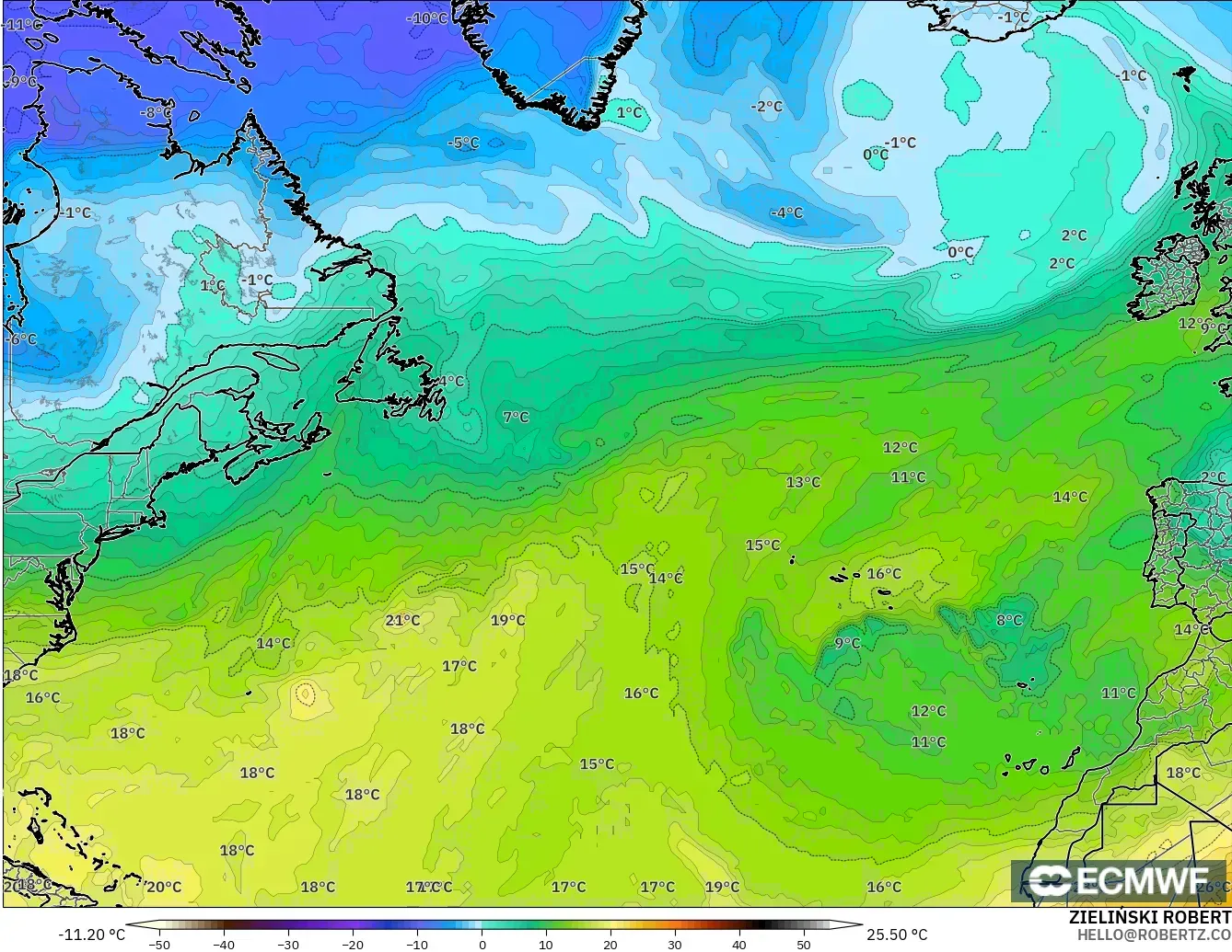 ECMWF IFS 0.25° モデル - 北大西洋, 気温（850hPa）