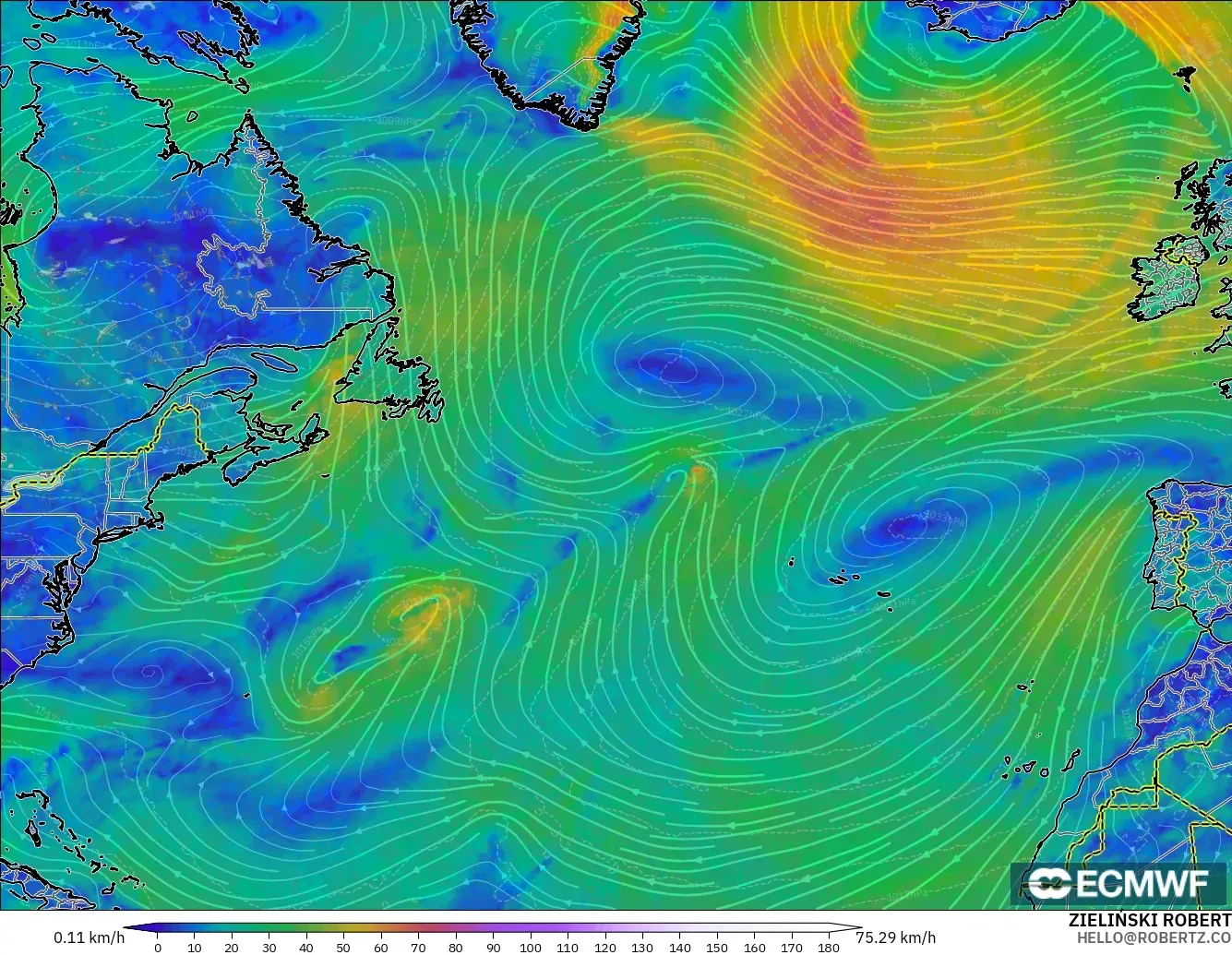 ECMWF IFS 0.25° モデル - 北大西洋, 風速（10m）