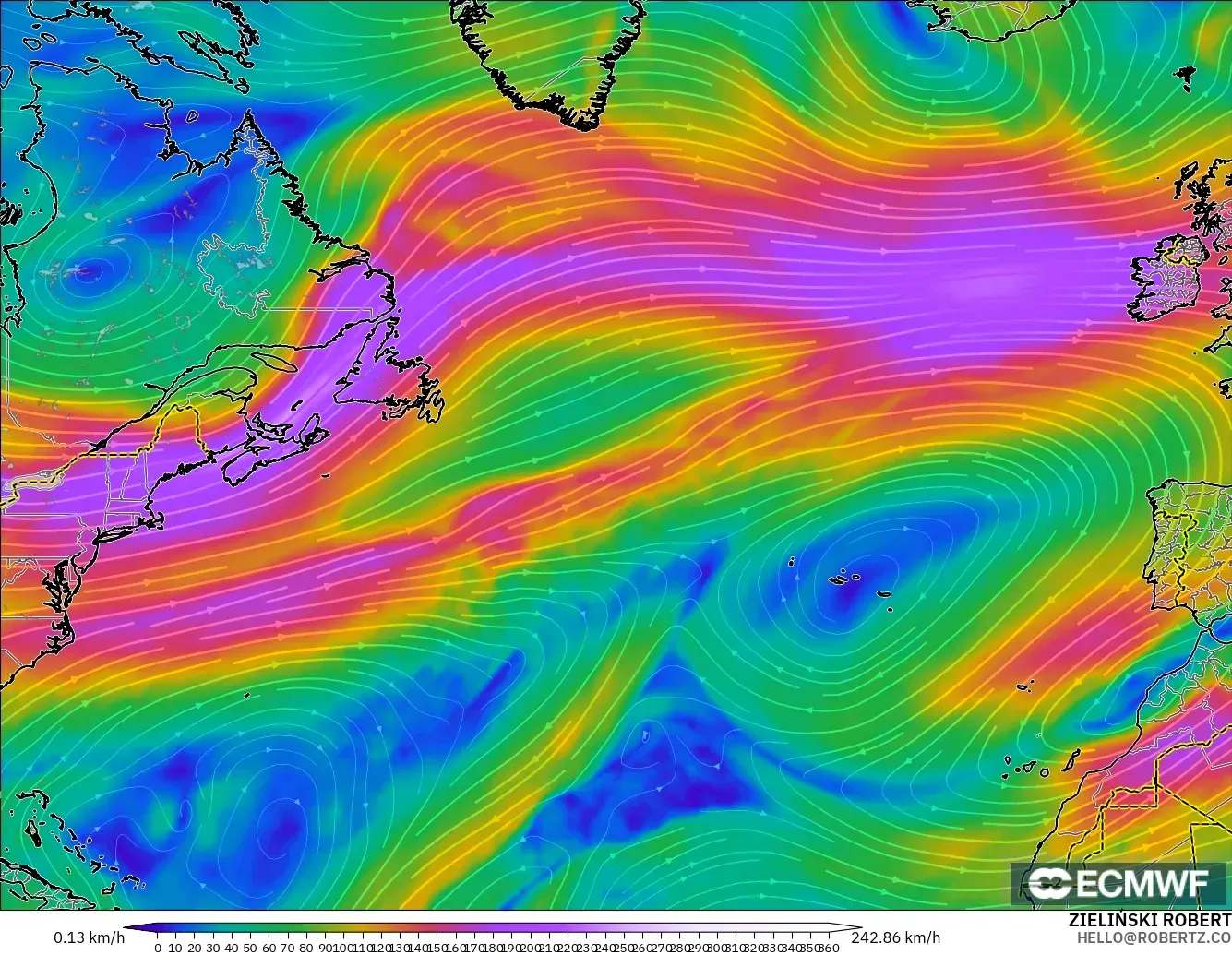 ECMWF IFS 0.25° モデル - 北大西洋, 風速（300hPa）