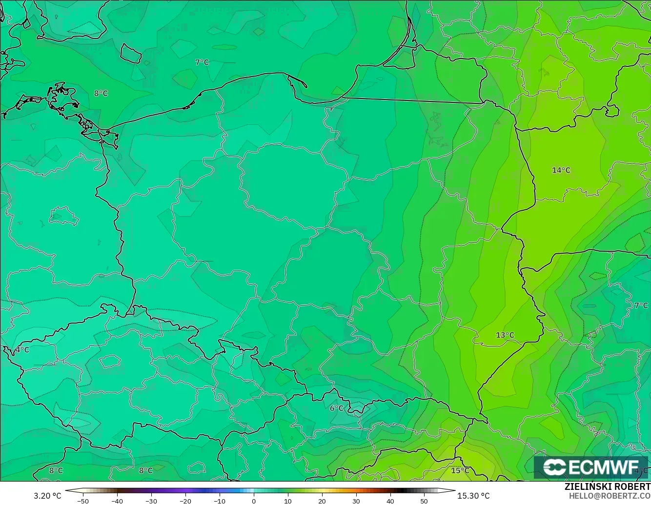 ECMWF IFS 0.25° モデル - ポーランド, 露点温度（2m）