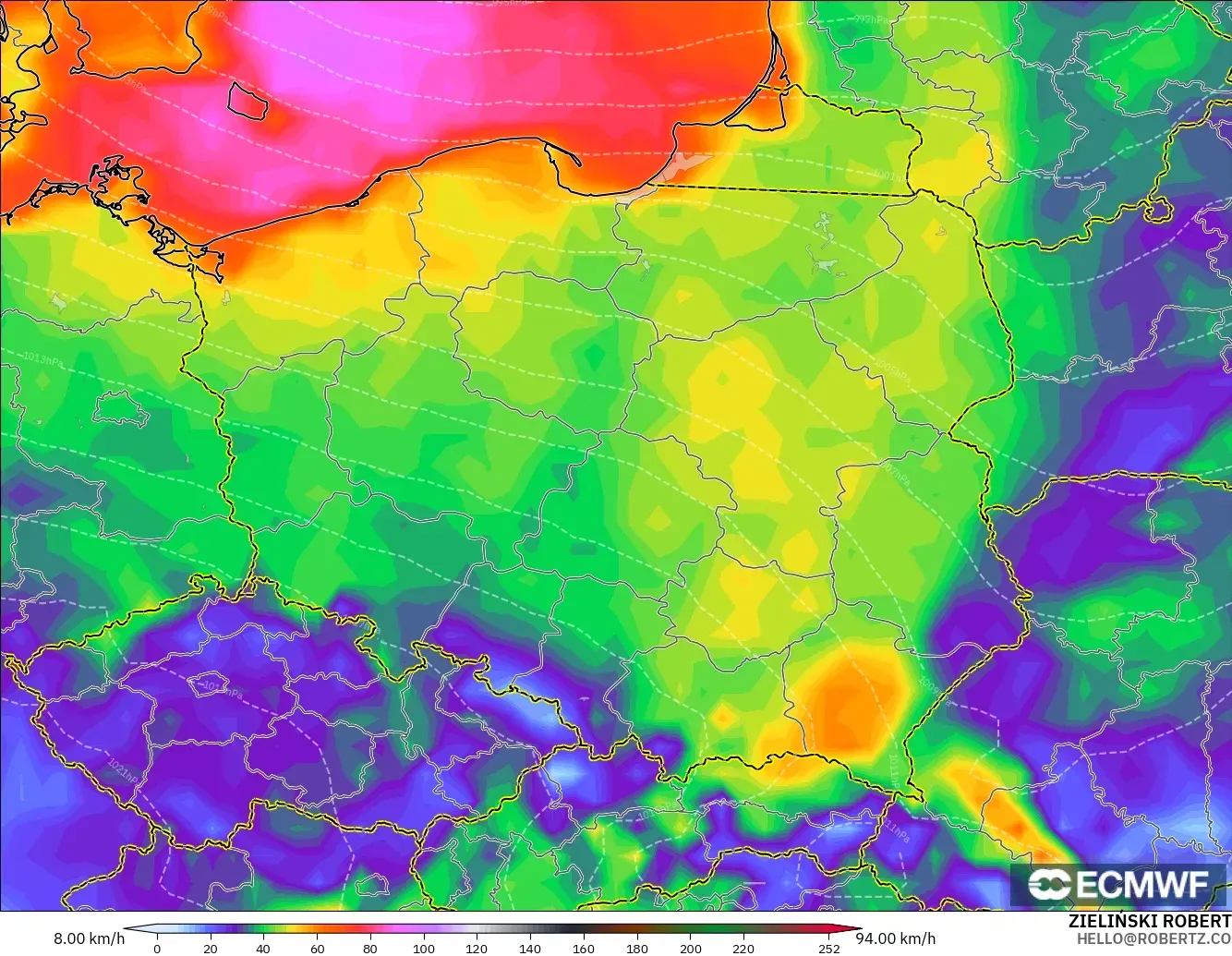 ECMWF IFS 0.25° モデル - ポーランド, 突風（最大）